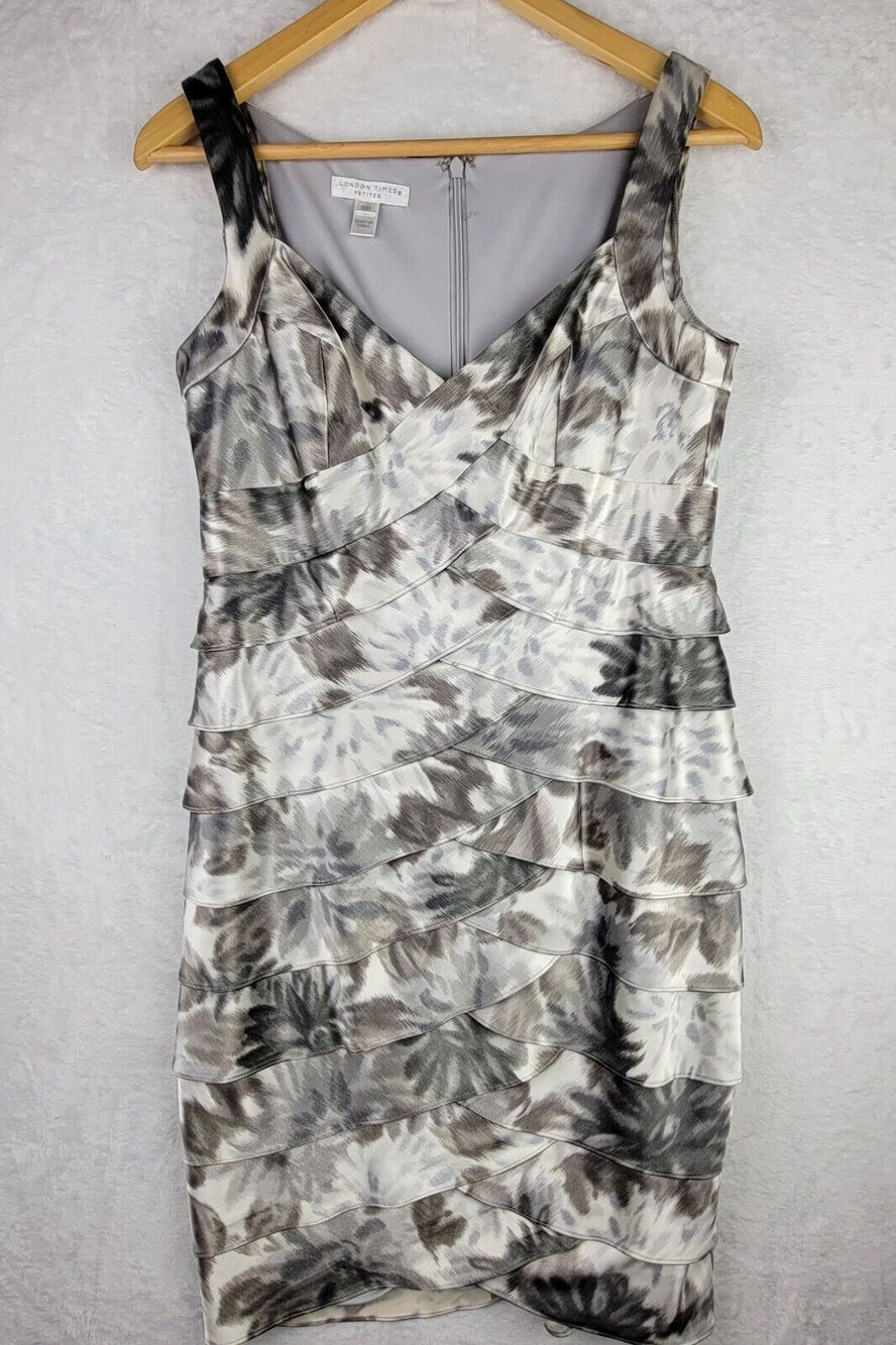 London Times Dress  Midi Tiered Sleeveless Zip Satin Gray Floral Party Wedding